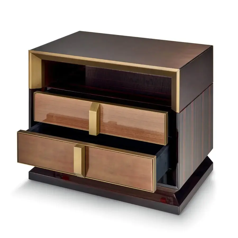 Distinguished Sicis Blake nightstand with ebony wood and luminous Vetrite glass, boasting a glossy finish and chrome detailing