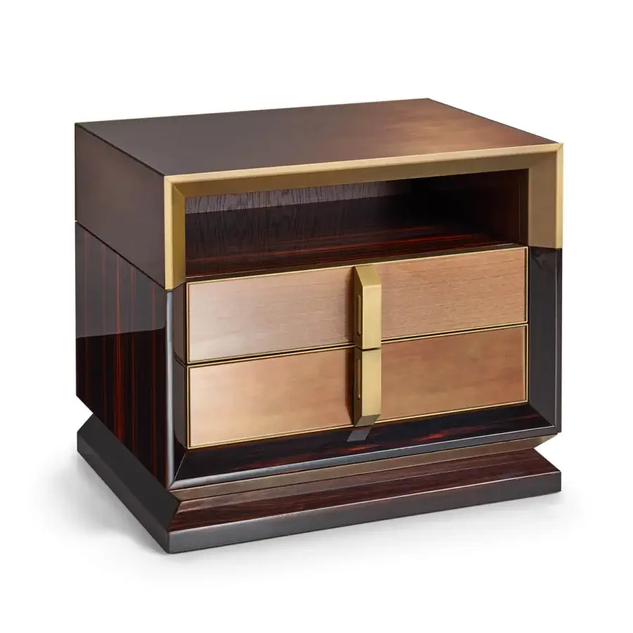 Exceptional Sicis Blake nightstand crafted in Italy with ebony wood and luminous Vetrite glass, showcasing a glossy finish