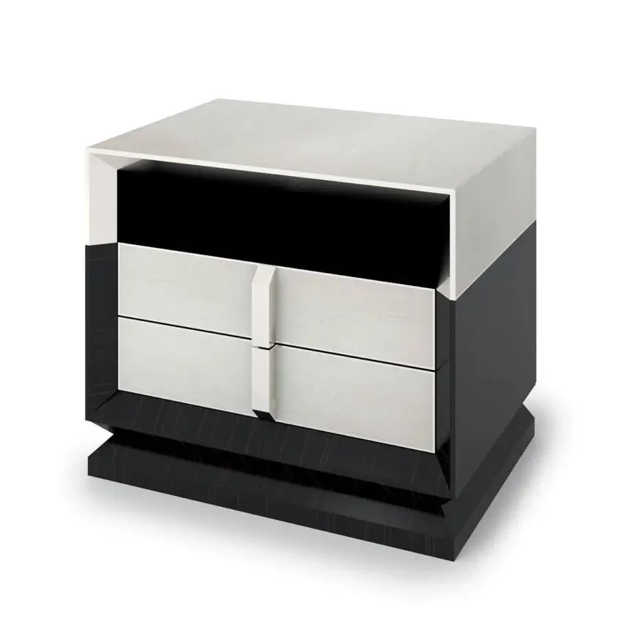 Superior Sicis Blake nightstand in ebony wood and luminous Vetrite glass with glossy finish and chrome detailing