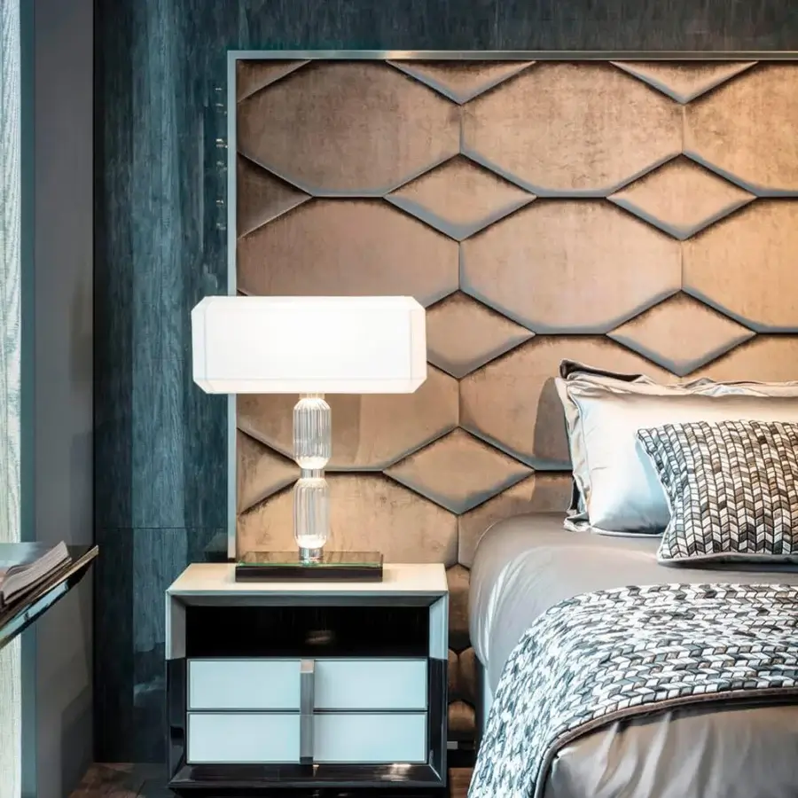 Elegant Sicis Blake nightstand crafted in Italy with ebony wood and luminous light gray-blue Vetrite glass, boasting a glossy finish