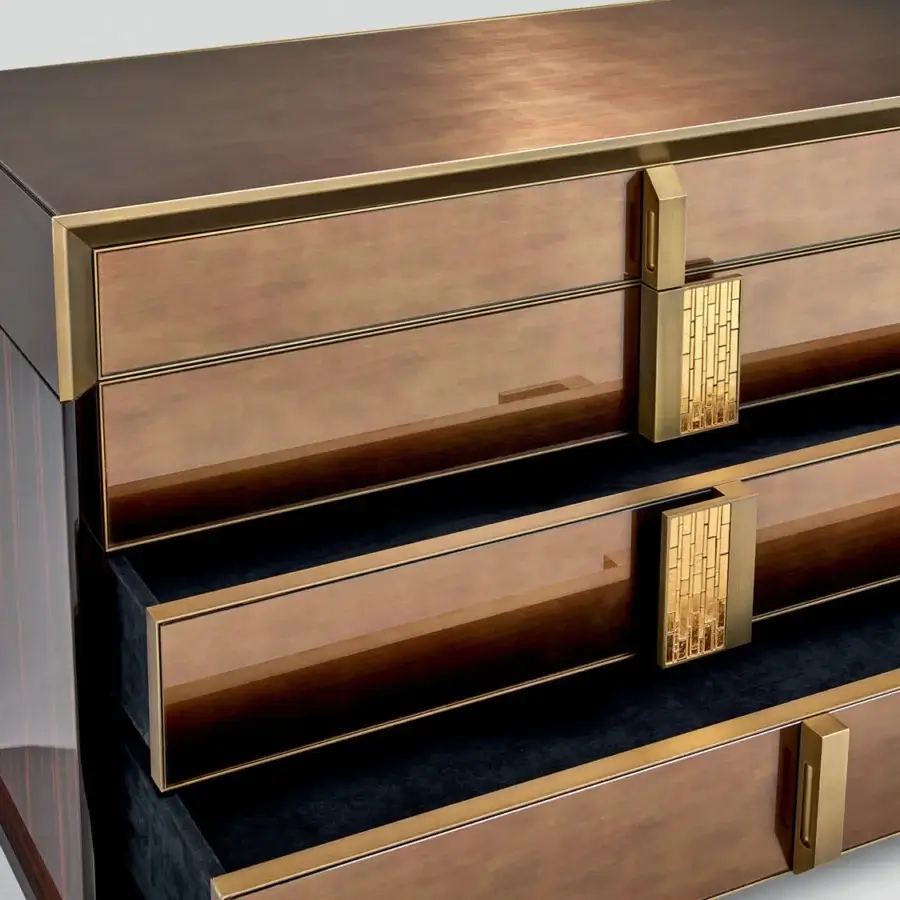 Superior Sicis Blake dresser crafted in rich ebony wood with luxurious Vetrite glass and satin finish