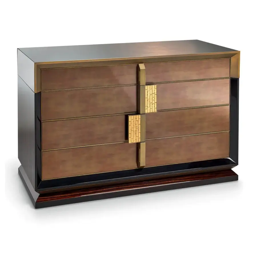 Distinguished Sicis Blake dresser crafted in rich ebony wood with luxurious Vetrite glass drawer fronts and coated lacquered details