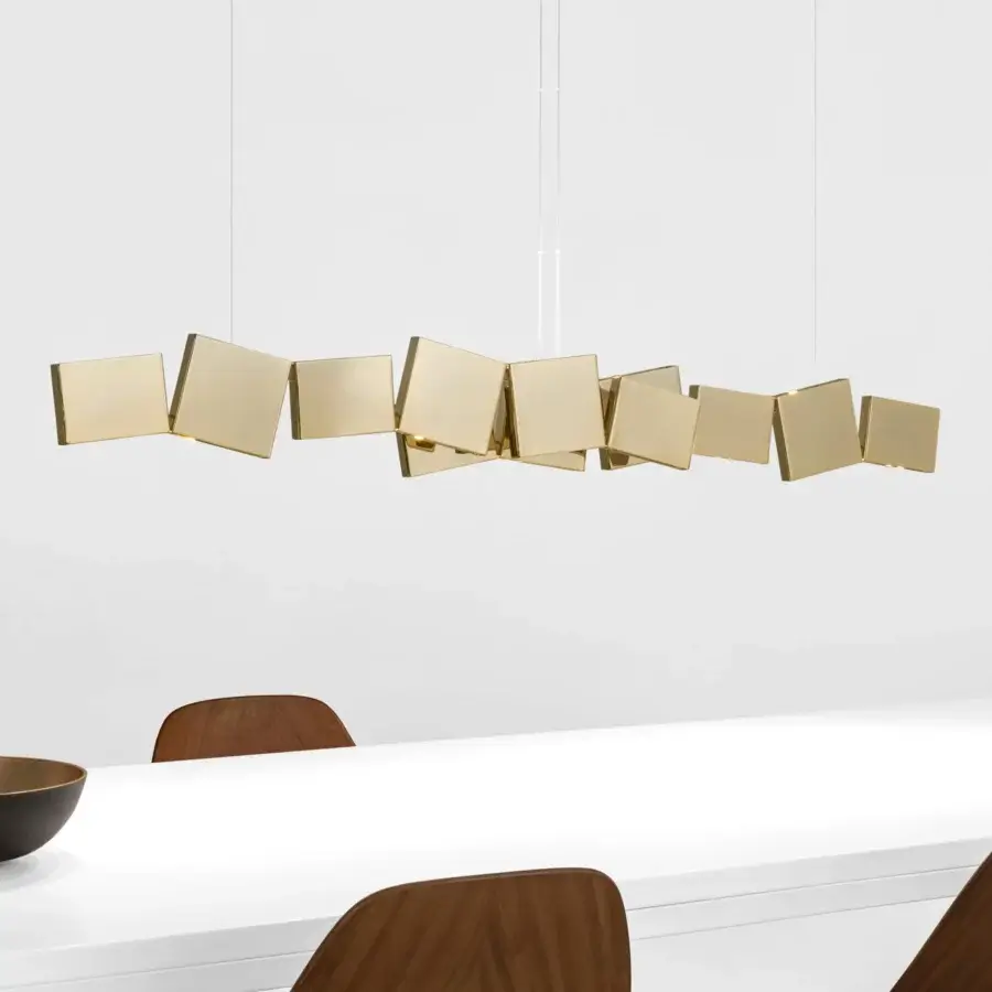 Innovative Terzani Gaia suspension lamp crafted in polished metal with a glossy golden yellow finish delivering captivating illumination