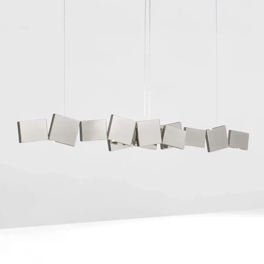 Exceptional Terzani Gaia suspension lamp crafted in metal with a brushed finish emitting a silver-gray glow from angled modules