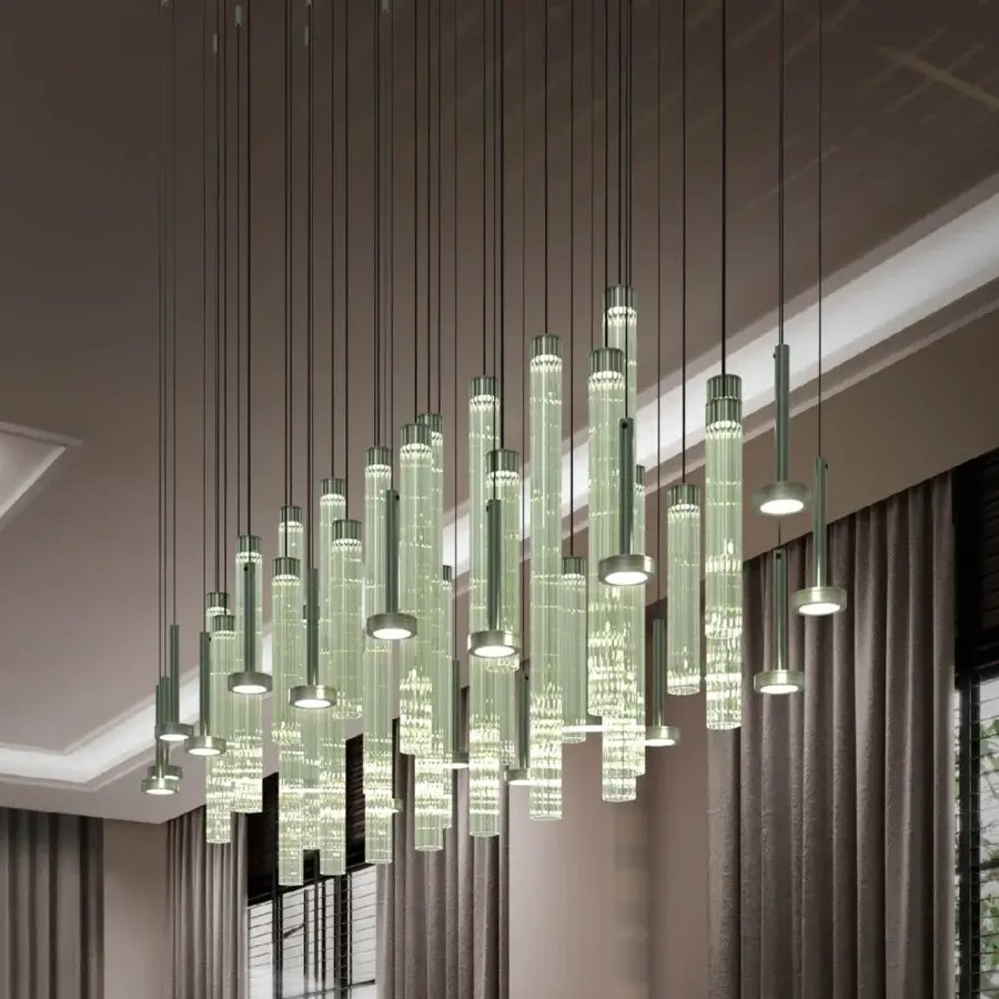 Superior Euroluce Abstract suspension lamp with textured aluminum and delicate borosilicate glass in a muted green-grey satin finish