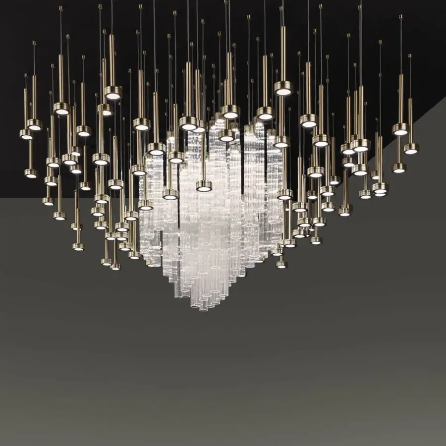 Elegant Euroluce Astract suspension lamp with textured aluminum and delicate borosilicate glass in a warm brushed gold finish