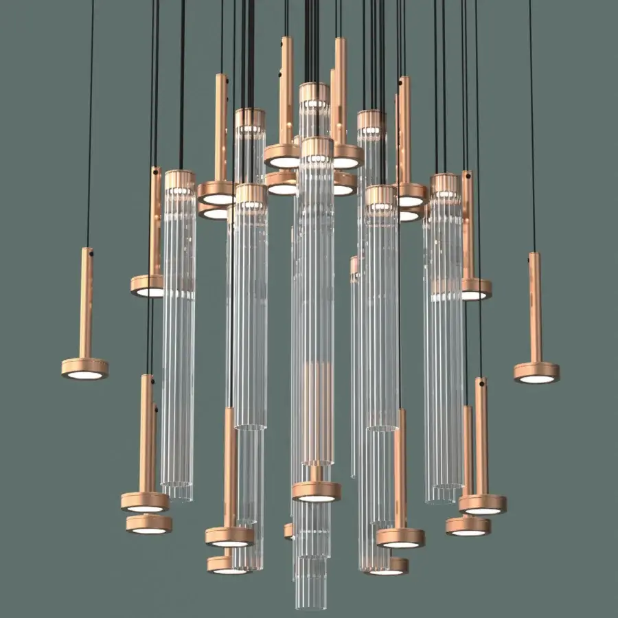 Lavish Euroluce Astract suspension lamp with clustered cylindrical components crafted in textured aluminum and borosilicate glass
