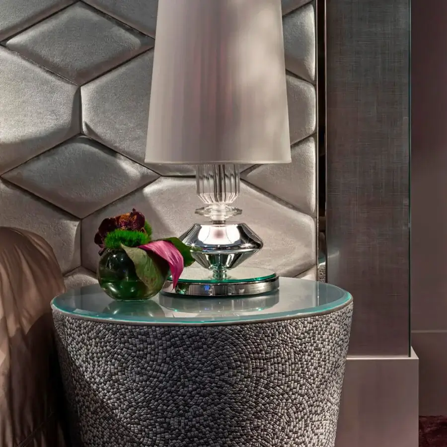 Distinguished Sicis Koiné nightstand built with solid wood, plywood and muted gray fabric, accented by a light teal Vetrite glass top with matte finish