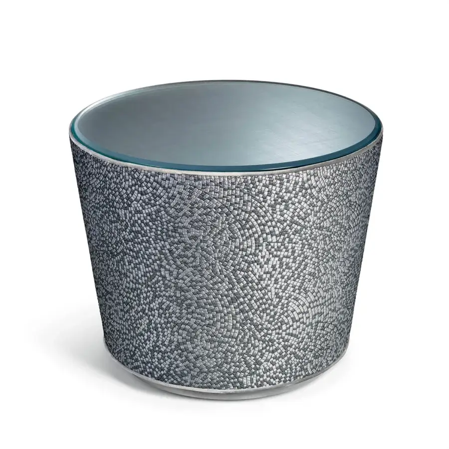 Elegant Sicis Koiné nightstand with mosaic exterior and customizable bluish-grey Vetrite glass top in satin metallic framing