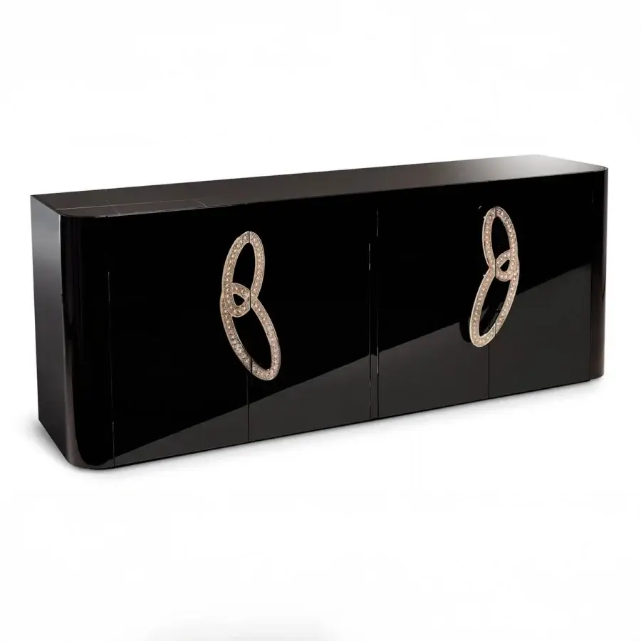 Exclusive Sicis Fluxus sideboard with glossy black lacquer, marble top, and polished chrome handles embellished with mosaic details