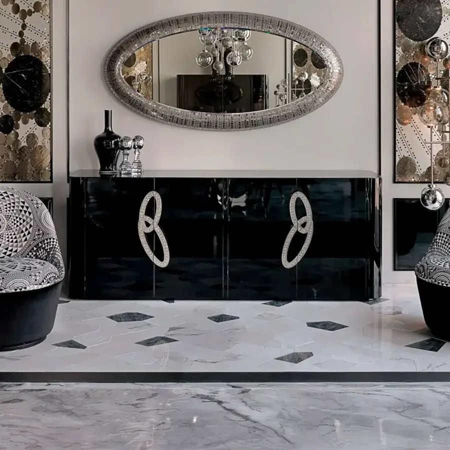 Refined Sicis Fluxus sideboard with black glossy lacquer, marble top, and mosaic polished chrome handles within integrated LED lighting