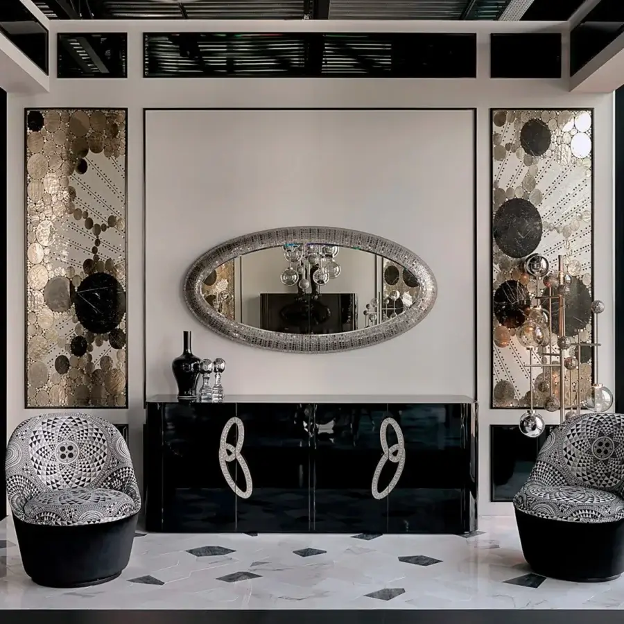 Distinguished Sicis Fluxus sideboard with black lacquer, curved white elements, smoky mirror, and microfibre-lined drawers illuminated by LED lighting