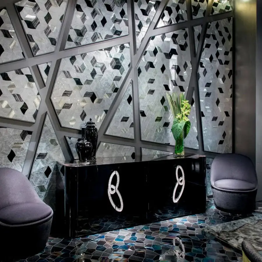 Exclusive Sicis Fluxus sideboard with glossy black lacquer, marble top, and polished chrome mosaic handles