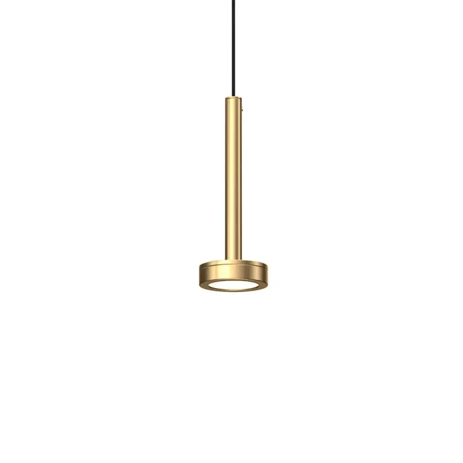 Elegant Euroluce Astral suspension lamp with slender cylindrical form crafted in metal and radiant golden finish