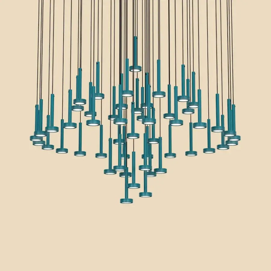 Captivating Euroluce Astral suspension lamp with cylindrical shades crafted in metal with a satin finish and teal blue-green hue