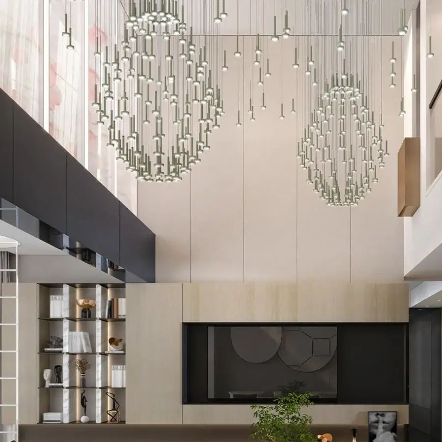 Superior Euroluce Astral suspension lamp with numerous light elements extending from a central core in satin-finish metallic cables