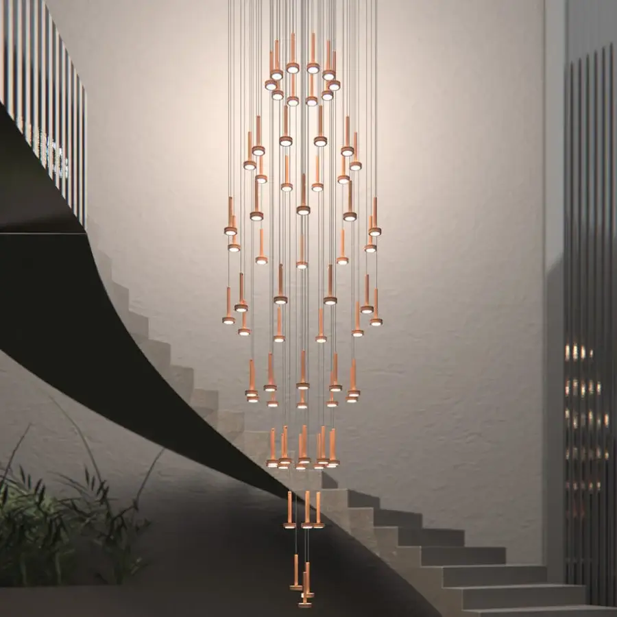 Exclusive Euroluce Astral suspension lamp with a multi-tiered design crafted in metal with a warm coppery satin finish