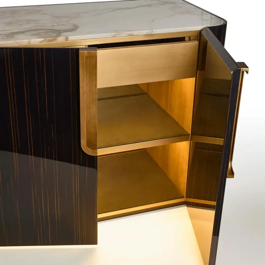 Lavish Sicis Fluxus sideboard with a glossy lacquer, dark wood structure and marble top crafted with mosaic metal handles