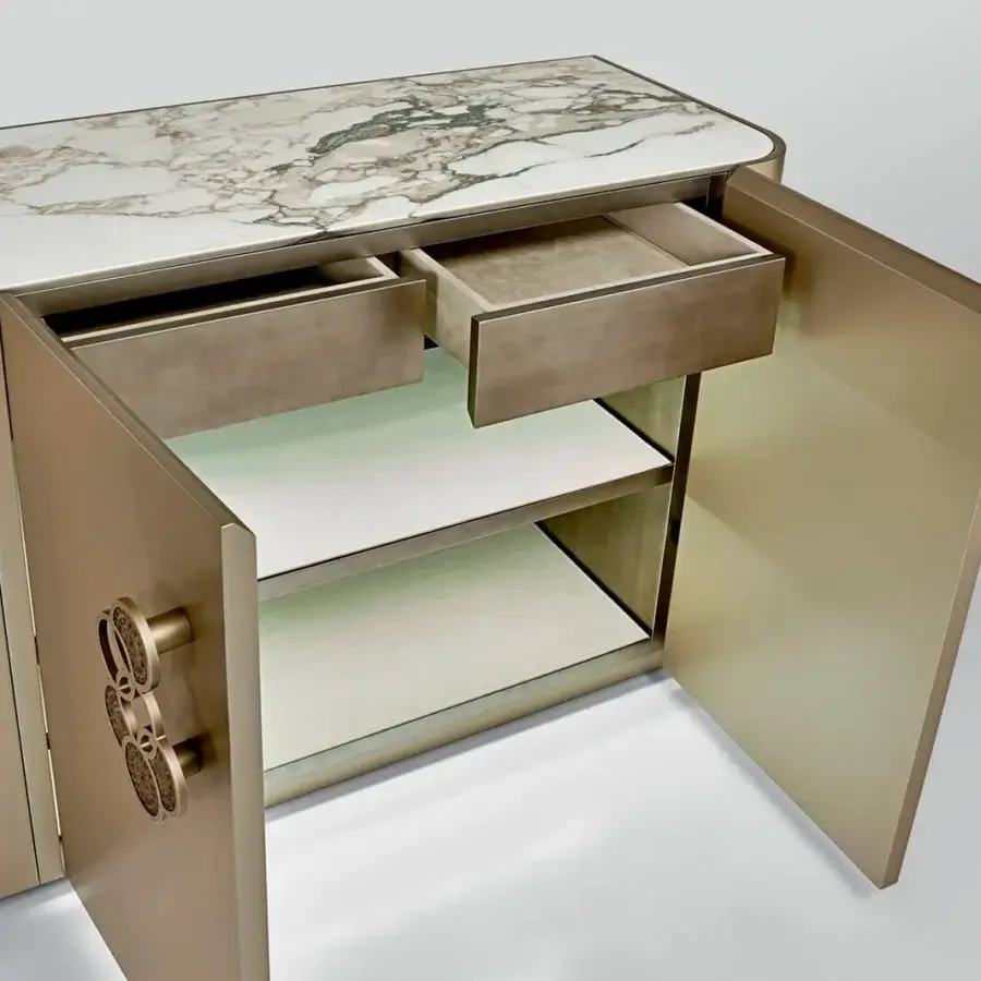 Superior Sicis Fluxus sideboard with a lustrous gold lacquer, marble top exhibiting grey veining and microfibre-lined drawers