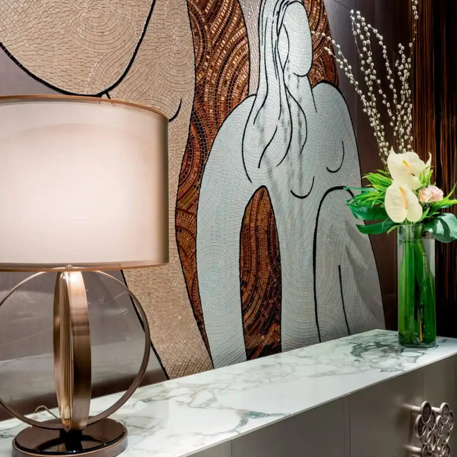 Distinguished Sicis Fluxus sideboard crafted with wood and marble, exhibiting a glossy lacquer finish with silver mosaic handles and integrated lighting
