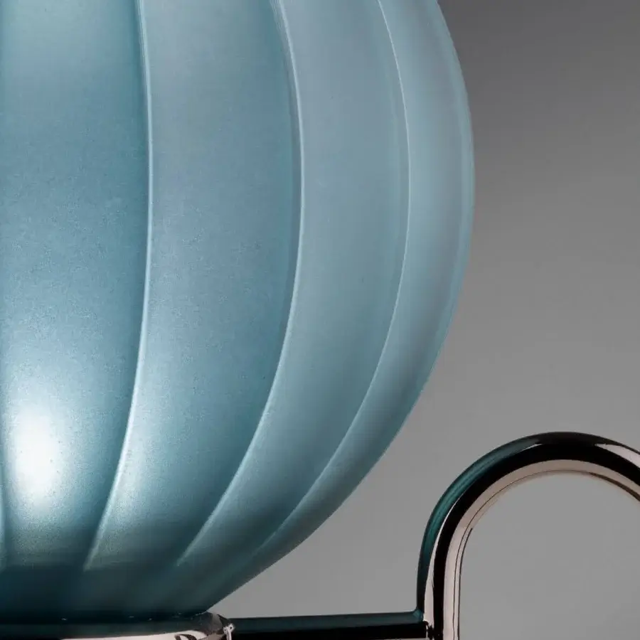Superior Euroluce Atlas table lamp with arched chrome metal and substantial pale blue textured glass shade