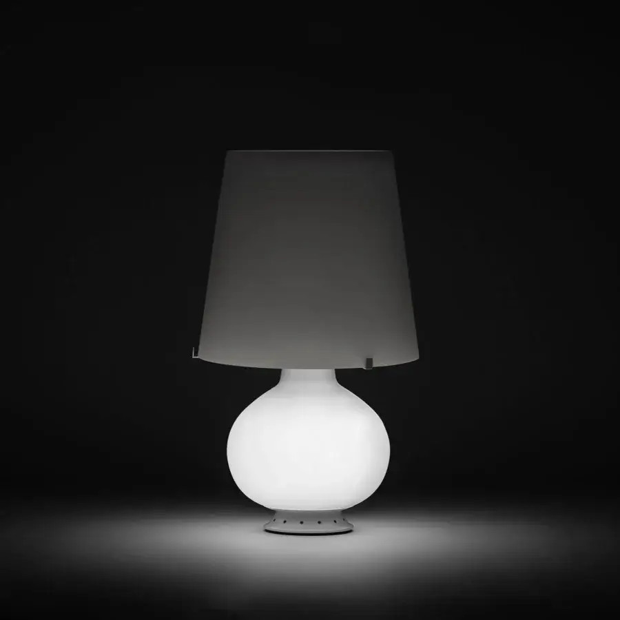 Timeless FontanaArte Fontana 1853 lamp with bright white translucent synthetic base and dark gray opaque shade