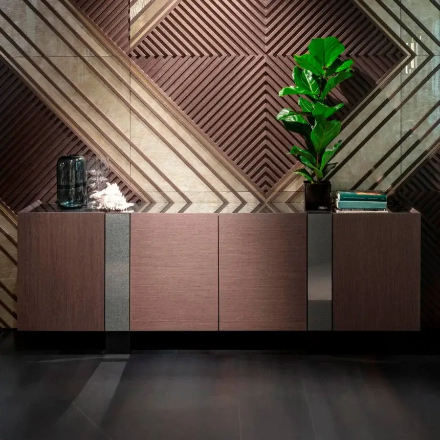 Distinguished Sicis Garret sideboard crafted in medium-toned brown wood with recessed darker panels and integrated LED lighting within a mirrored interior