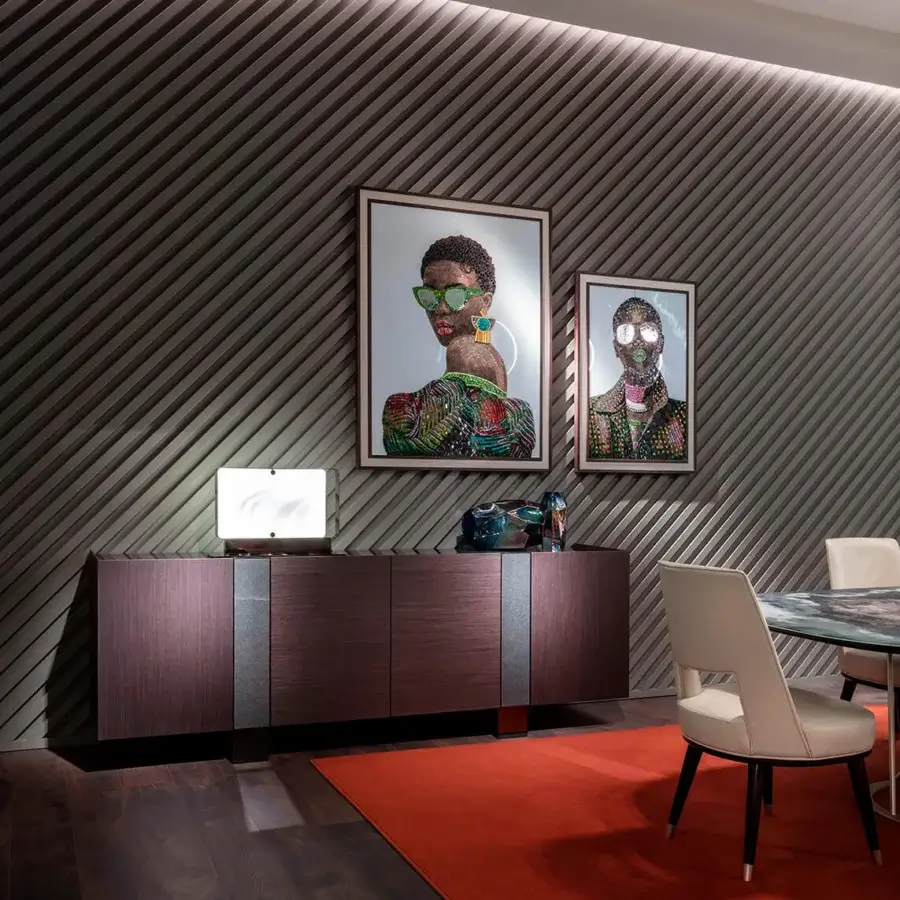 Luxury Sicis Garret sideboard crafted in medium-toned brown with Vetrite glass stripes and glossy lacquered finish