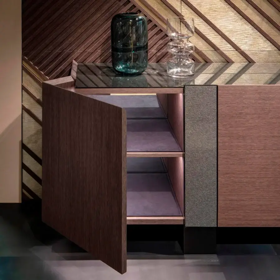 Distinguished Sicis Garret sideboard crafted in medium-dark brown textured satin wood with sparkling Vetrite glass stripes and matte lacquered interior