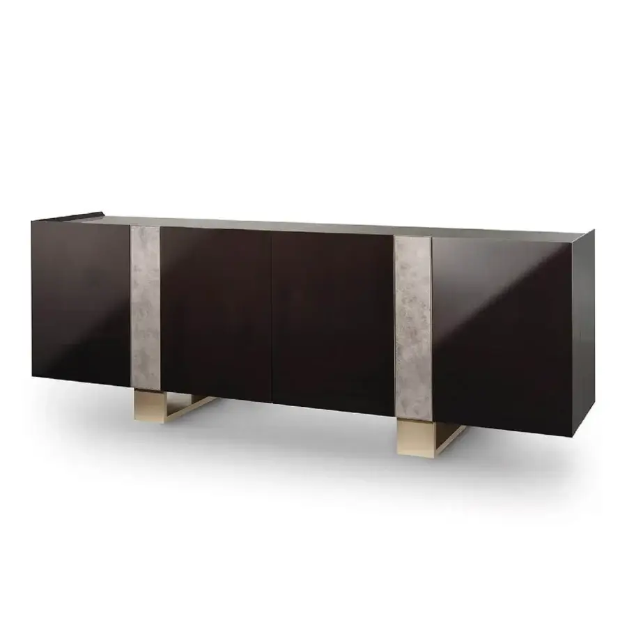 Superior Sicis Garret sideboard built with dark brown wood panels, Vetrite glass stripes, a glossy lacquer and gold-toned metal legs
