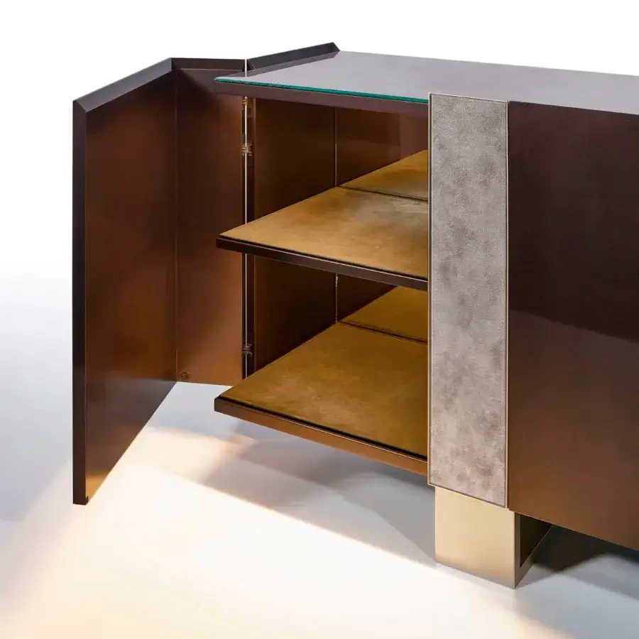 Distinguished Sicis Garret sideboard crafted with glossy lacquered dark brown wood, Vetrite glass and coated metal legs with integrated lighting