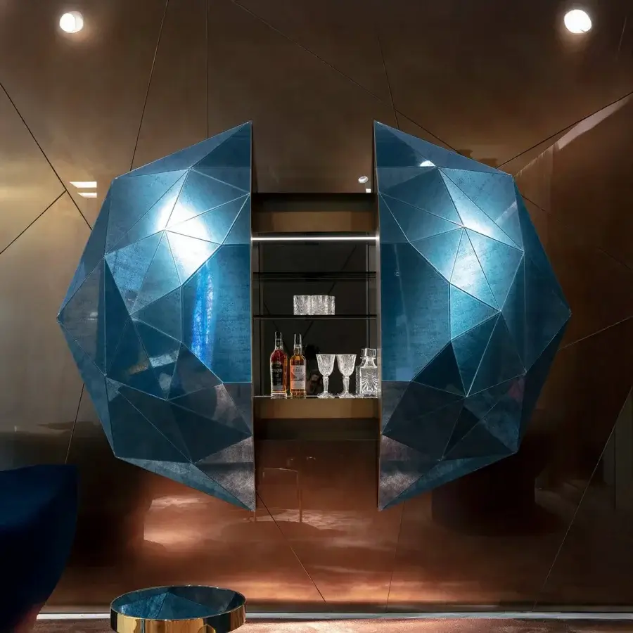 Lavish Sicis Diamante bar cabinet crafted in Italy with deep blue Vetrite glass and bronzed glass shelving illuminated by LED lighting