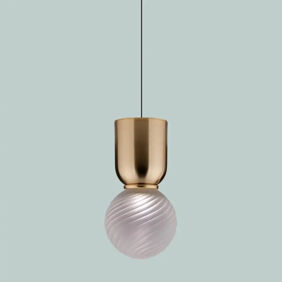 Superior Euroluce Atlas suspension lamp crafted in metal with glossy gold finish and textured pearlescent white glass