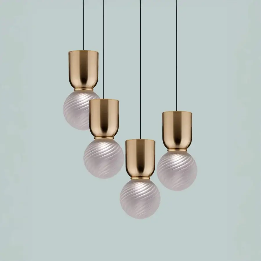 Distinguished Euroluce Atlas suspension lamp with warm gold metal and textured ribbed glass construction