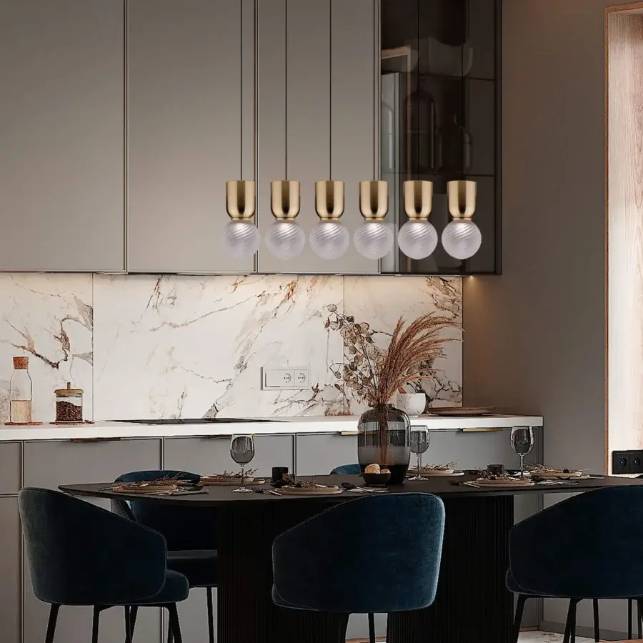 Exceptional Euroluce Atlas suspension lamp with six cylindrical shades in brass-colored metal and frosted glass diffusers