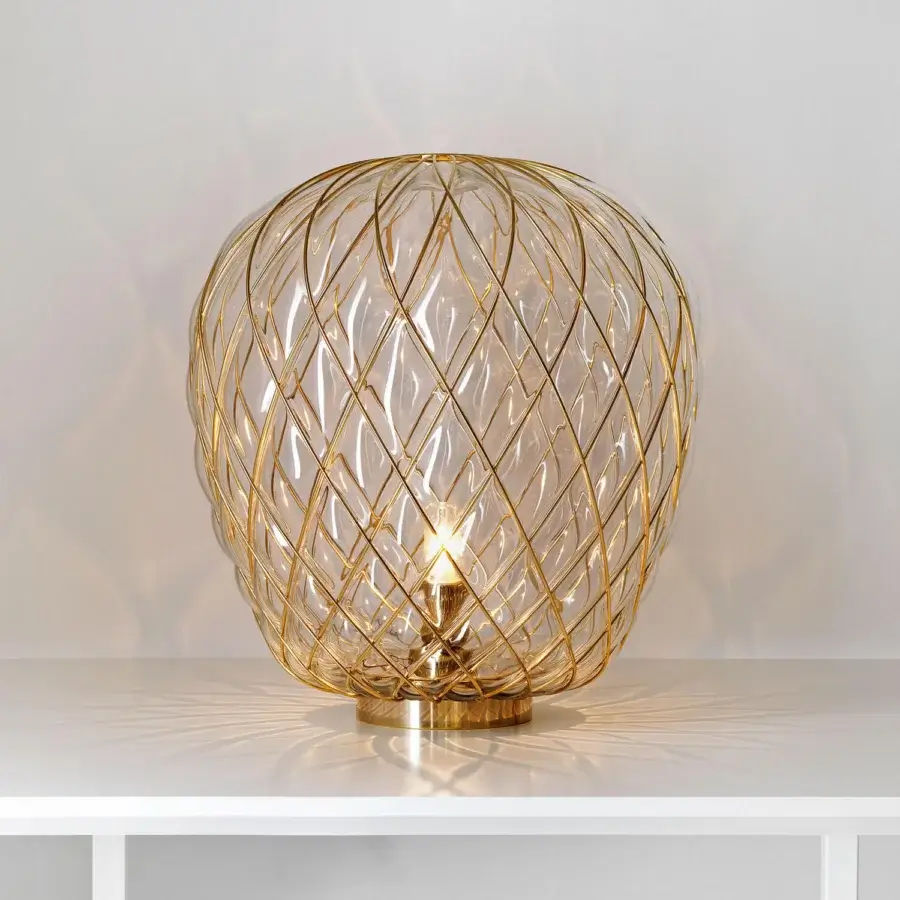 Superior FontanaArte Pinecone table lamp with transparent glass diffuser and polished golden-toned metal base crafted in Italy