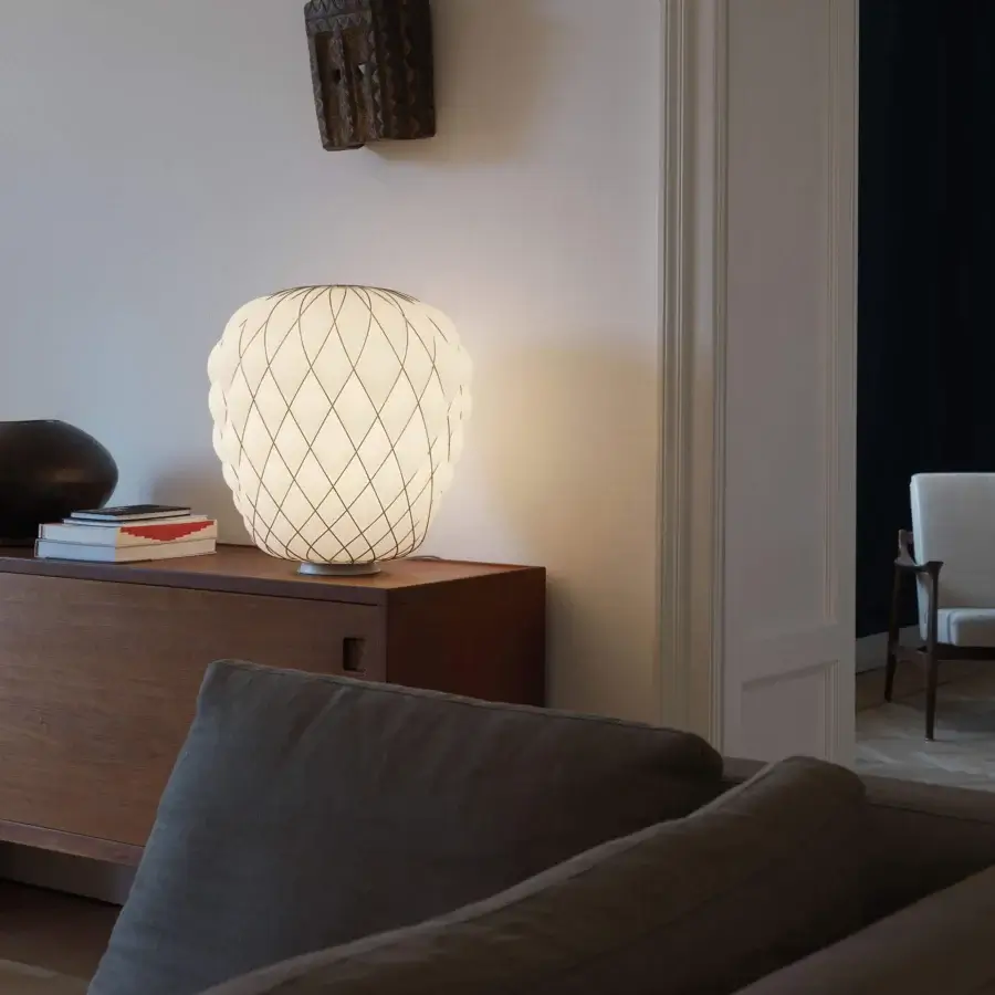 Distinguished FontanaArte Pinecone table lamp crafted with translucent off-white glass and glossy galvanic-treated metal cage