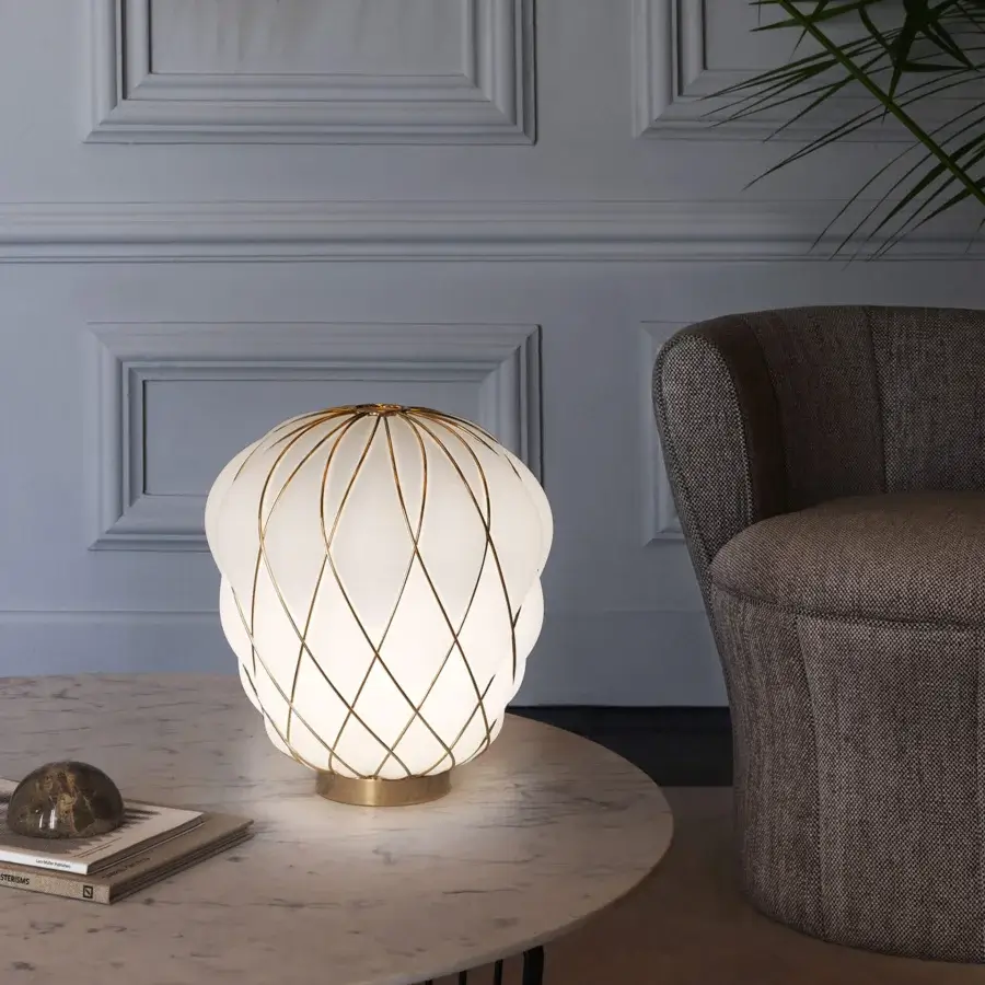 Superior FontanaArte Pinecone table lamp crafted with transparent glass and lustrous galvanic-treated metal cage