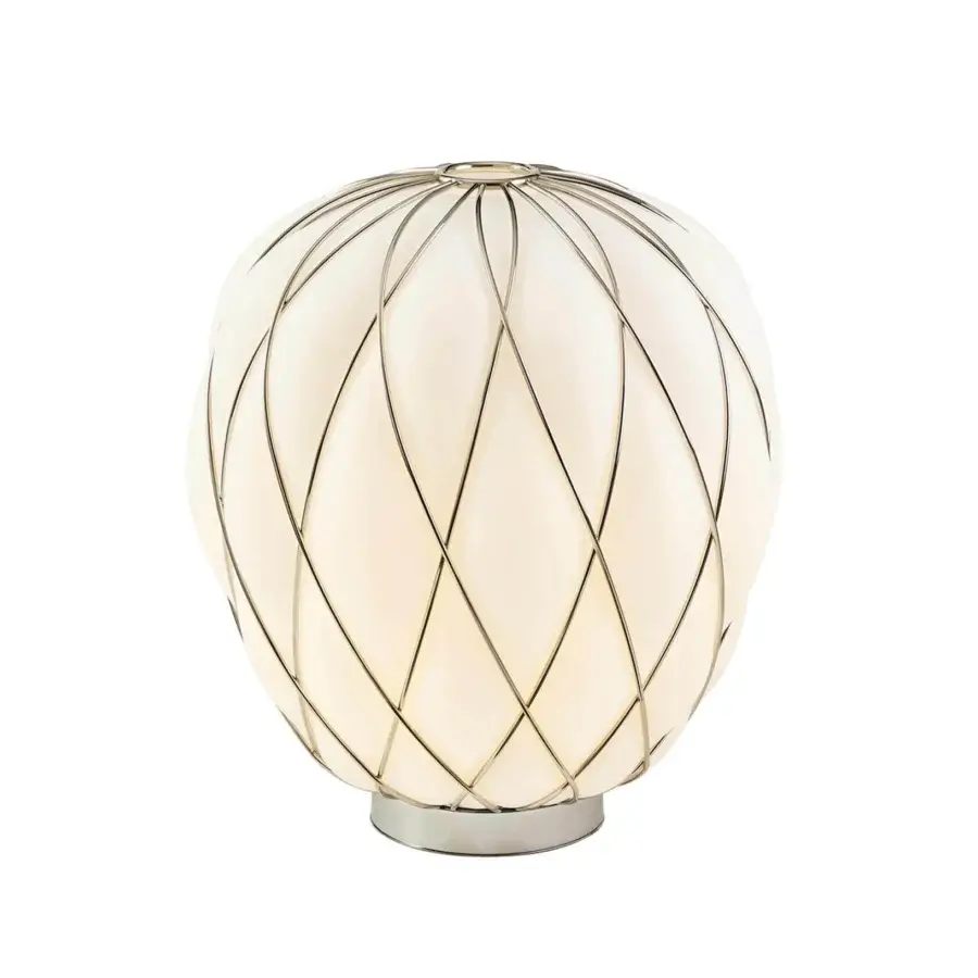 Elegant FontanaArte Pinecone table lamp crafted with caged blown glass and glossy galvanic-treated metal base