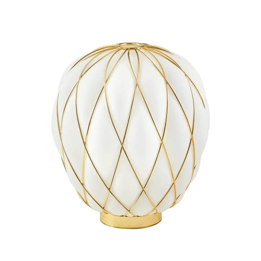 Distinguished FontanaArte Pinecone table lamp with translucent white glass and galvanic-treated metal cage creating kaleidoscopic effects