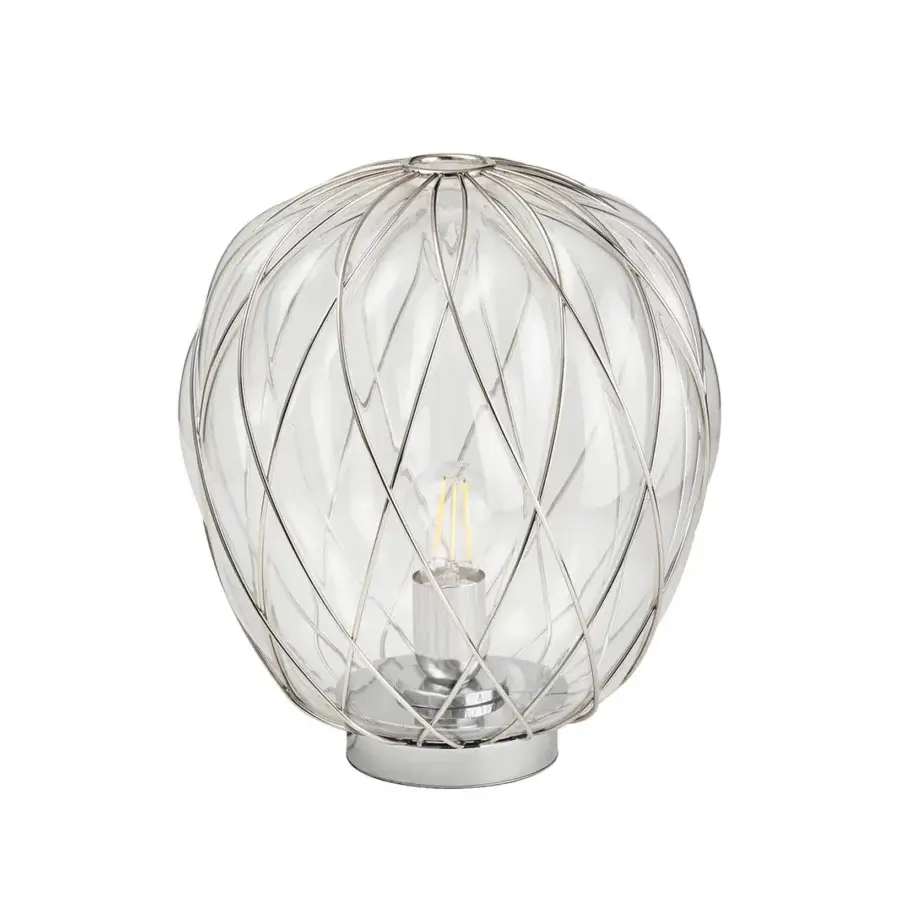 Superior FontanaArte Pinecone table lamp with a uniquely textured diffuser crafted in transparent blown glass and glossy galvanized metal