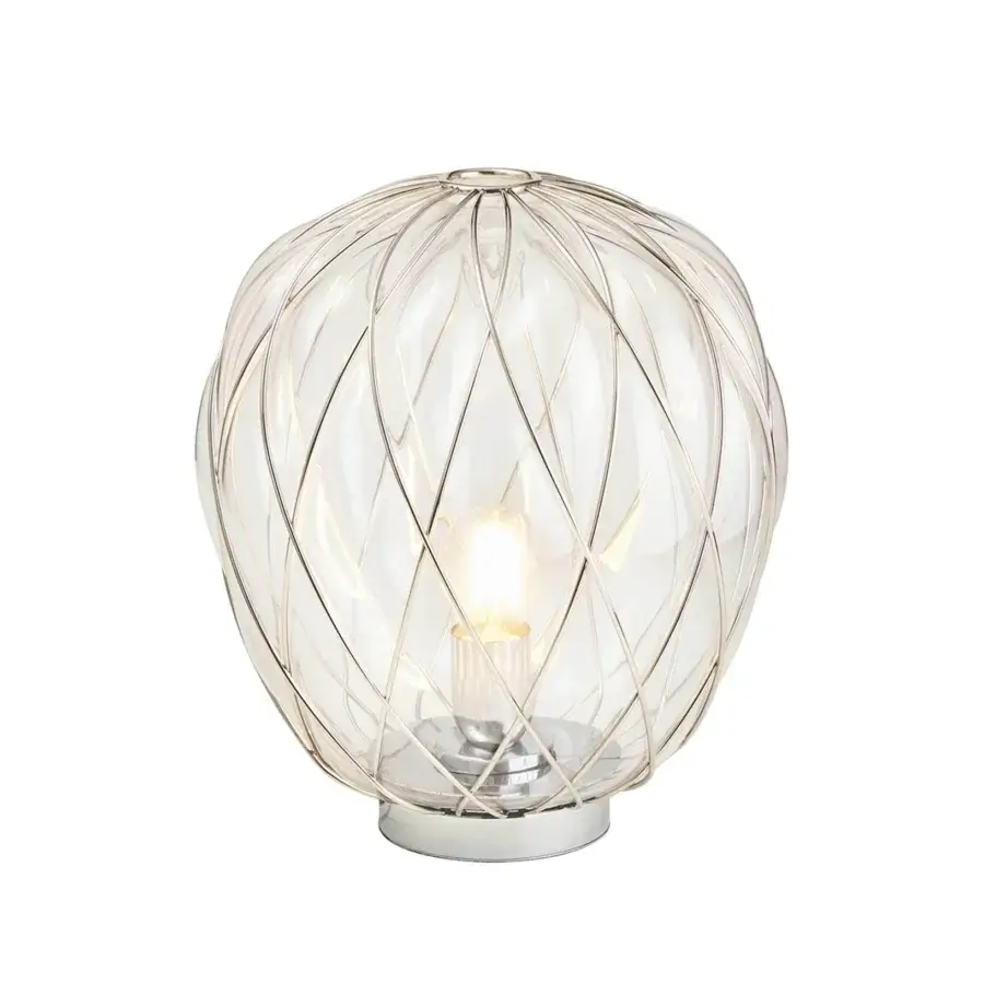 Elegant FontanaArte Pinecone table lamp with transparent blown glass and a glossy metal cage structure
