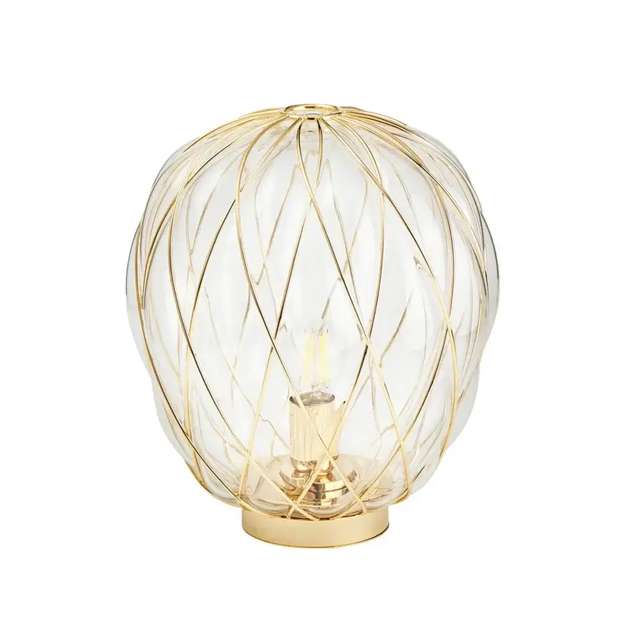 Distinguished FontanaArte Pinecone table lamp crafted with transparent glass and a glossy galvanic-treated metal cage in gold tone
