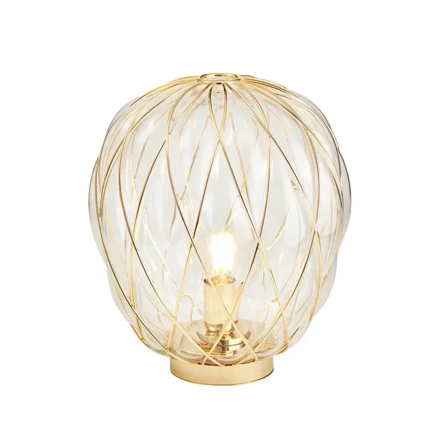 Exceptional FontanaArte Pinecone table lamp crafted with transparent blown glass and a warm gold galvanic metal cage