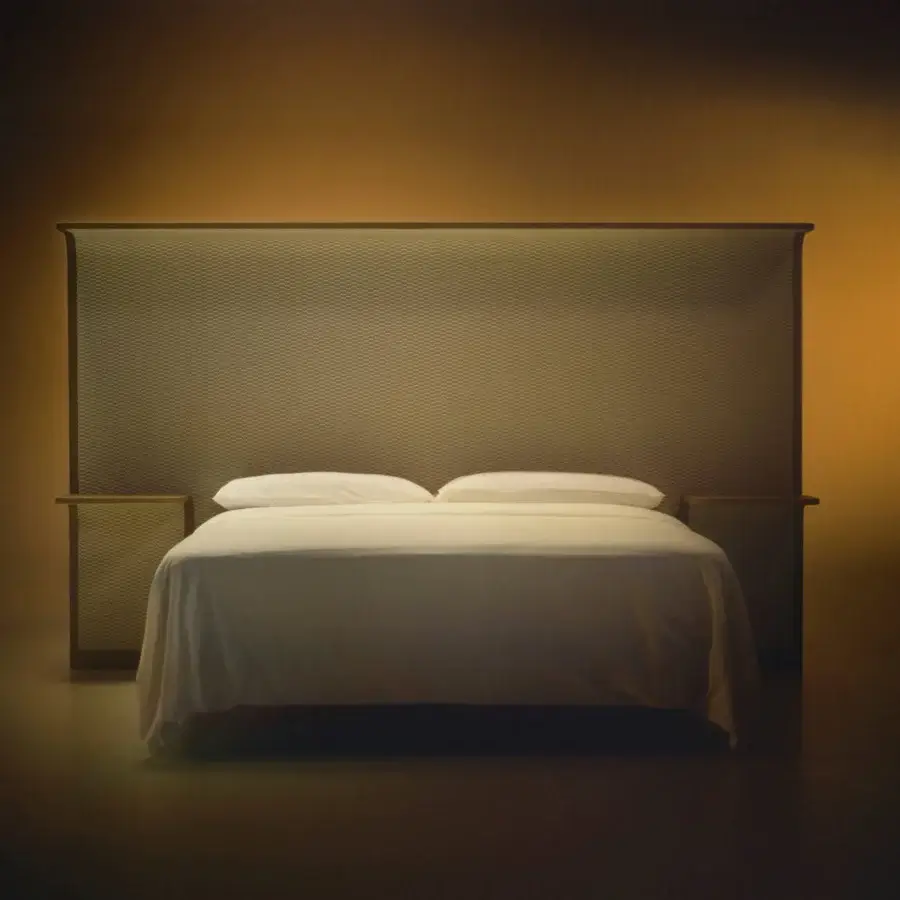 Superior Bolzan Letti Courtoisie headboard built with ash veneer and Dedar fabric, finished with delicate oil treatment