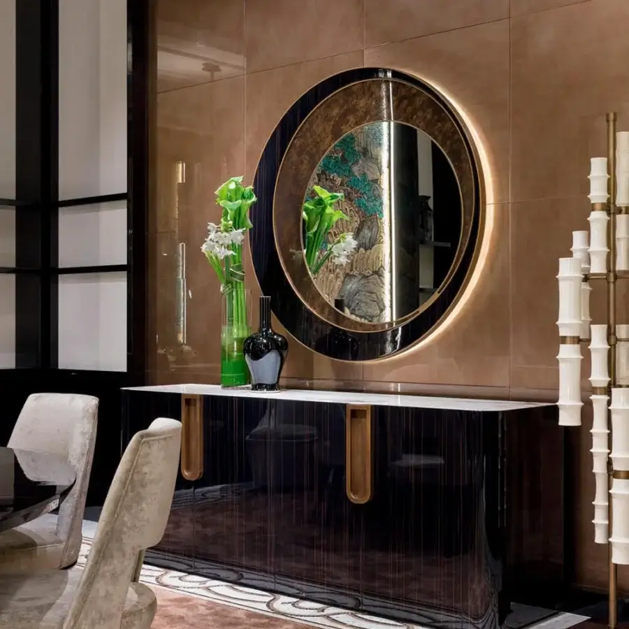 Lavish Sicis Harper mirror crafted in Italy with Ammara ebony, Vetrite glass and polished gold-toned details with backlit LED lighting