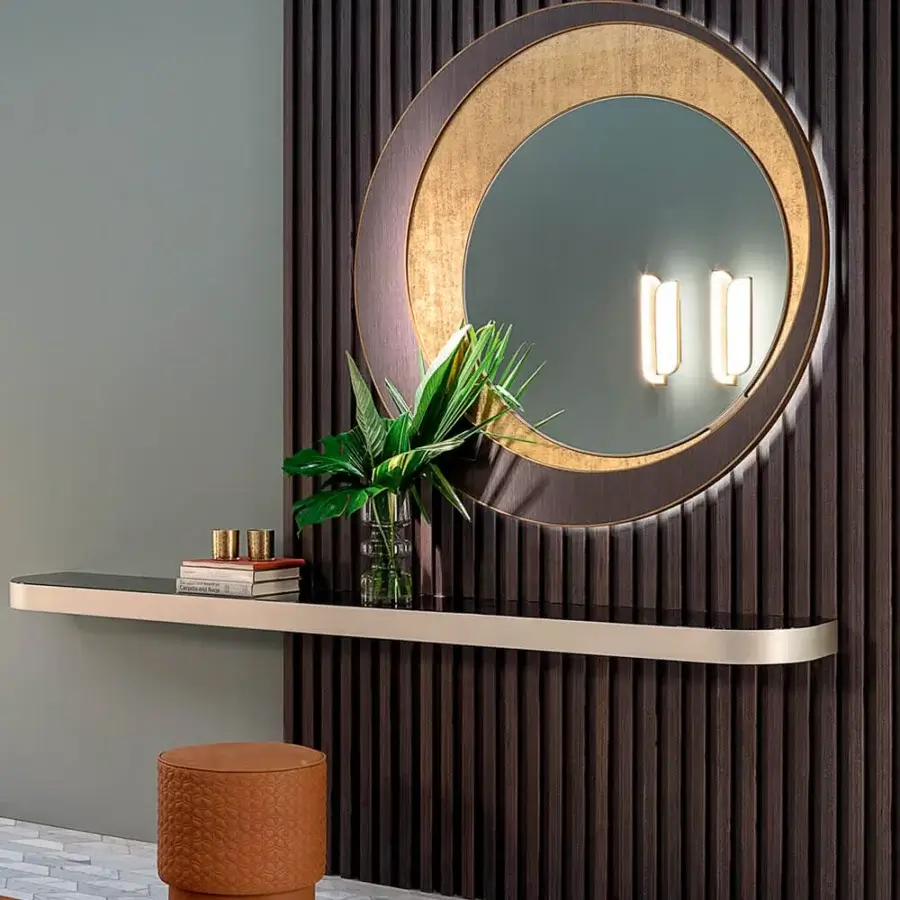 Distinguished Sicis Harper mirror crafted in Ammara ebony with Vetrite glass and polished gold-toned band, enhanced by integrated backlit LED lighting