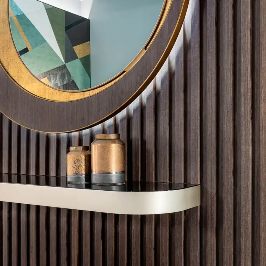 Exceptional Sicis Harper mirror crafted in Ammara ebony with decorative Vetrite glass and integrated backlit LED lighting