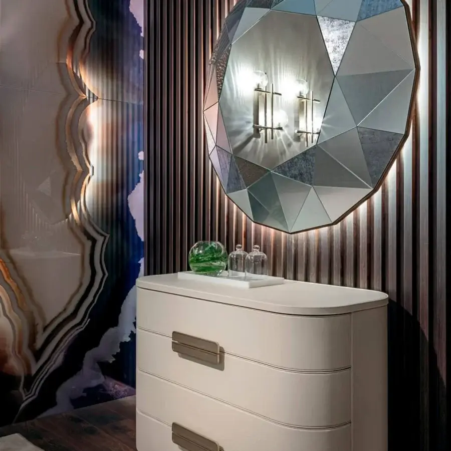 Distinguished Sicis Cushion Mirror, a wall accent crafted with dark gray and bronze Vetrite glass facets with integrated LED backlighting