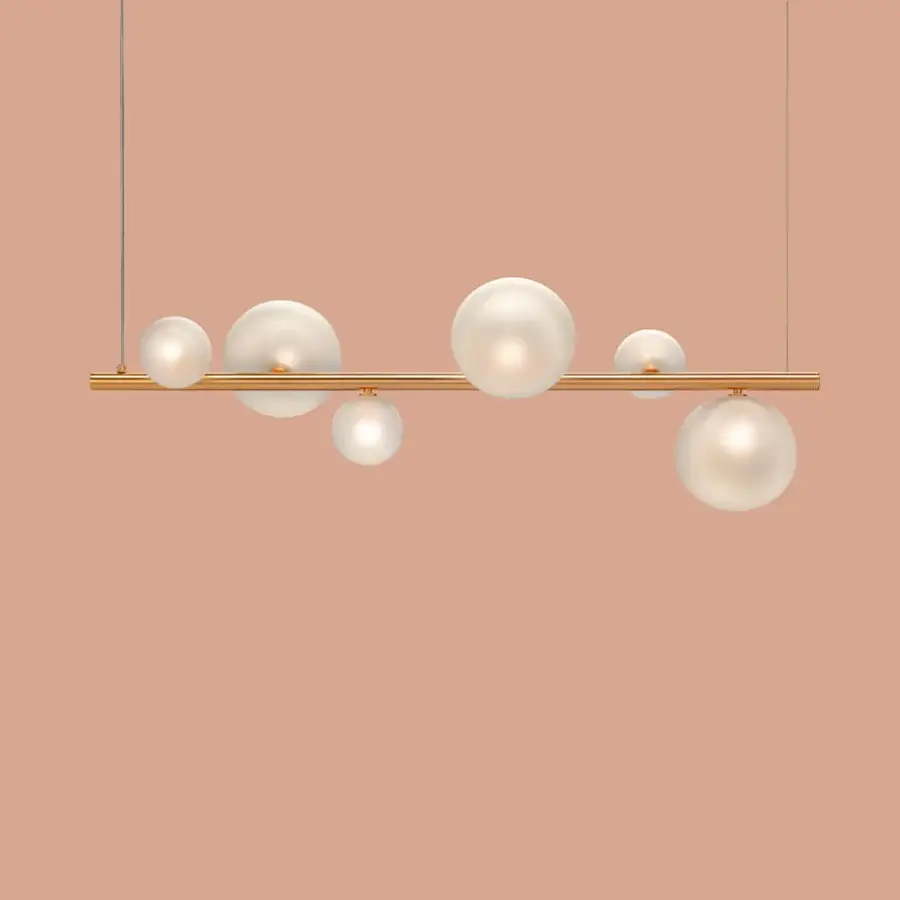 Superior Euroluce Bubbles Suspension Lamp, a fixture crafted in Italy with luminous glass spheres and satin gold metal